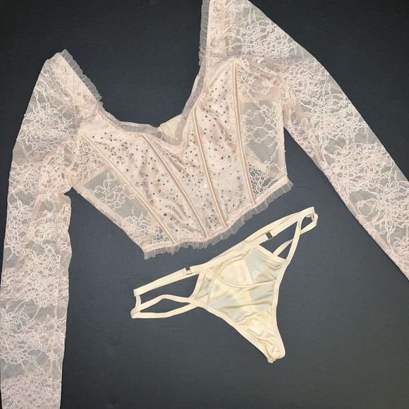 Victoria's Secret Long-sleeve TOP SML BRA SET+S Thong CREAM BEIGE CRYSTALLIZED